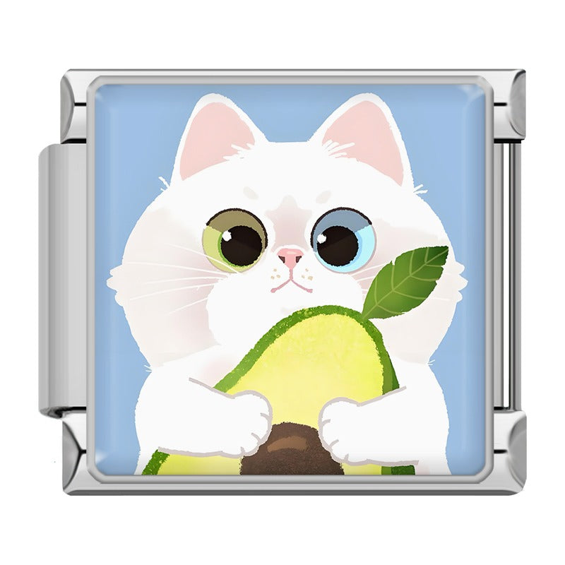 Kawaii Cat & Sweet Snack Time Italian Charms – white cat cartoon enamel charm with different colored eyes hugging an avocado on blue background, Italian charm bracelet charm by Charmtastic