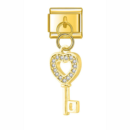 Key Paper Clip Star Snowflake Shiny Charms – heart-shaped key charm with cz crystals in gold, Italian charm bracelet charm by Charmtastic