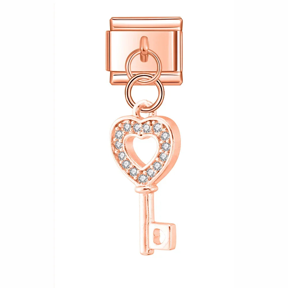Key Paper Clip Star Snowflake Shiny Charms – heart-shaped key charm with cz crystals in rose gold, Italian charm bracelet charm by Charmtastic