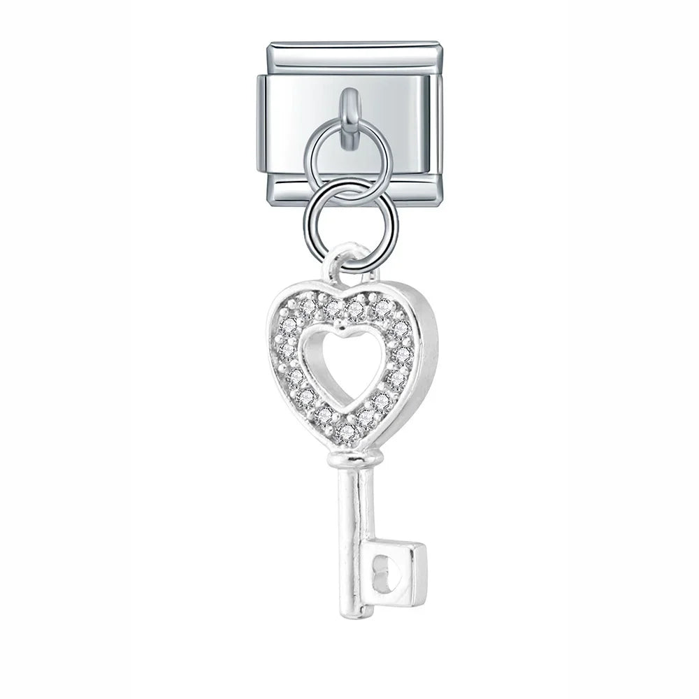 Key Paper Clip Star Snowflake Shiny Charms – heart-shaped key charm with cz crystals in silver, Italian charm bracelet charm by Charmtastic