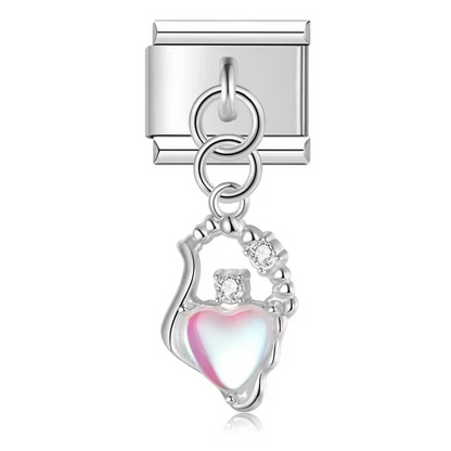 Pearl Heart & Flower Dangle Italian Charms — Mother of Pearl Pendant Bracelet Links