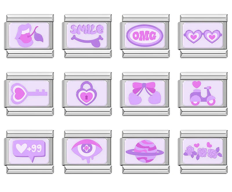 A set of 12 aesthetic lavender and purple Italian charms on silver 9mm modular links featuring hearts, planets, and trendy icons - Charmtastic