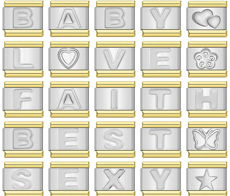 letters charms silver with gold – overview of silver and gold alphabet letter charms spelling BABY, LOVE, FAITH and BEST, Italian charm bracelet charms by Charmtastic
