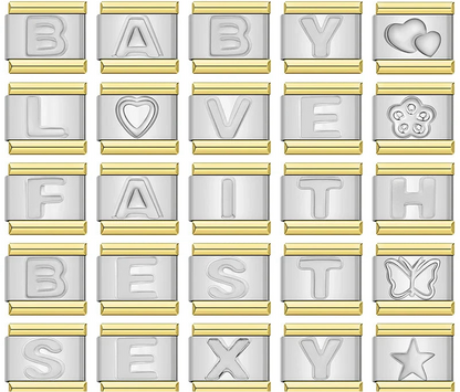 letters charms silver with gold – overview of silver and gold alphabet letter charms spelling BABY, LOVE, FAITH and BEST, Italian charm bracelet charms by Charmtastic