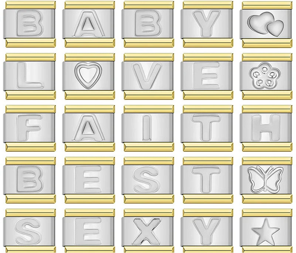 letters charms silver with gold – overview of silver and gold alphabet letter charms spelling BABY, LOVE, FAITH and BEST, Italian charm bracelet charms by Charmtastic