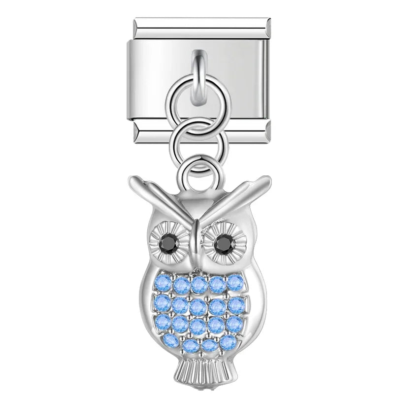 Light blue crystal owl silver dangle Italian charm, by Charmtastic
