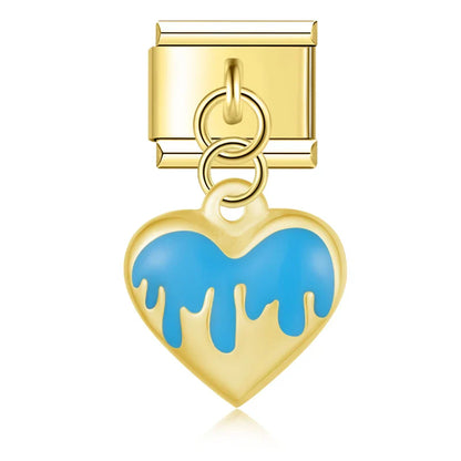 Light blue drip heart dangle gold Italian charm, by Charmtastic