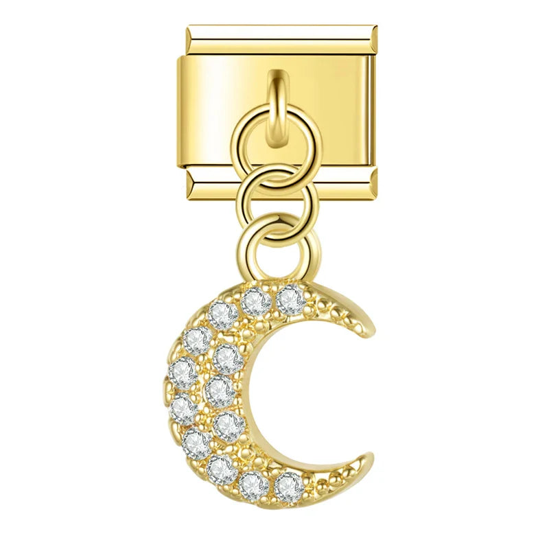 Lightning Moon Dazzling charms – gold crystal crescent moon dangle charm, Italian charm bracelet charm by Charmtastic