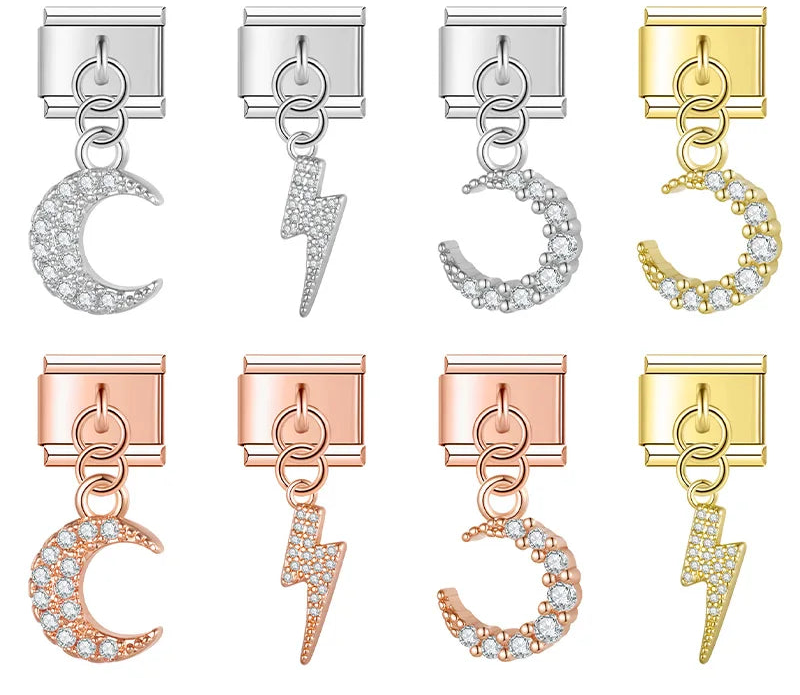 Lightning Moon Dazzling charms – overview of silver, gold, and rose gold crystal dangle charms: moon, lightning bolt, and number 3 designs, Italian charm bracelet charms by Charmtastic