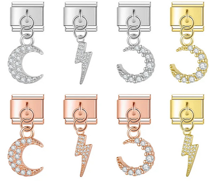 Lightning Moon Dazzling charms – overview of silver, gold, and rose gold crystal dangle charms: moon, lightning bolt, and number 3 designs, Italian charm bracelet charms by Charmtastic