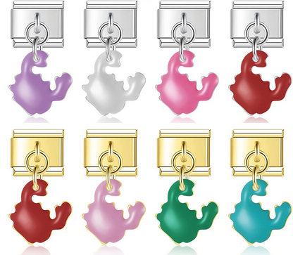 A 9mm Italian charm featuring a trendy, abstract liquid splat or melted enamel dangle. Available on silver and gold bases in purple, white, pink, red, green, and teal.
