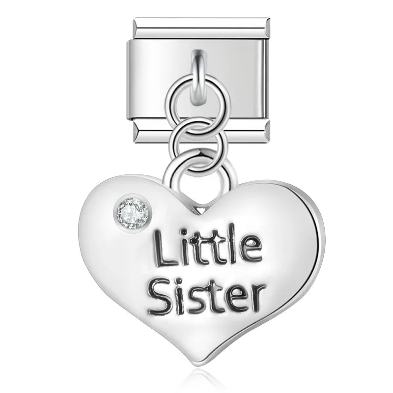 Little sister heart silver dangle Italian charm, by Charmtastic