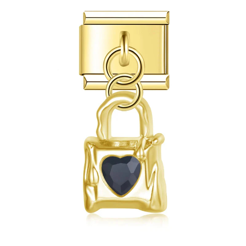 Lock with Gemstone Silver & Gold Charms – padlock charm with black heart gemstone in gold, Italian charm bracelet charm by Charmtastic