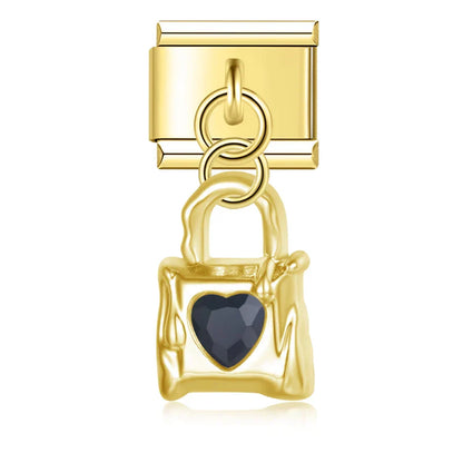 Lock with Gemstone Silver & Gold Charms – padlock charm with black heart gemstone in gold, Italian charm bracelet charm by Charmtastic
