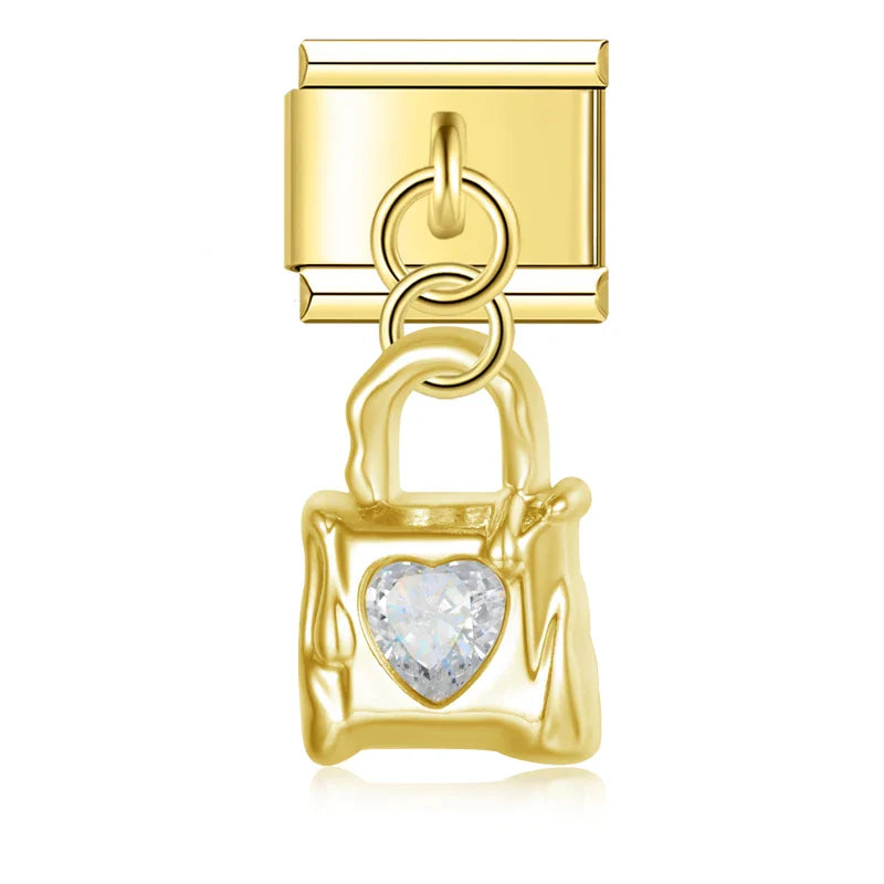 Lock with Gemstone Silver & Gold Charms – padlock charm with clear heart gemstone in gold, Italian charm bracelet charm by Charmtastic