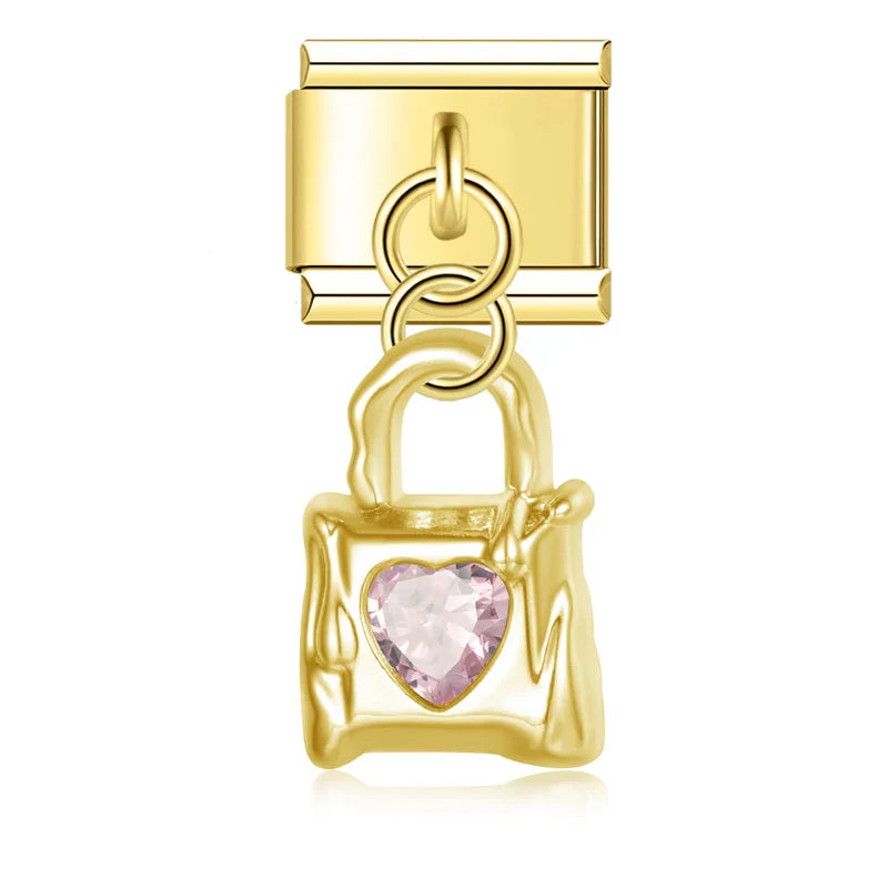 Lock with Gemstone Silver & Gold Charms – padlock charm with pink heart gemstone in gold, Italian charm bracelet charm by Charmtastic