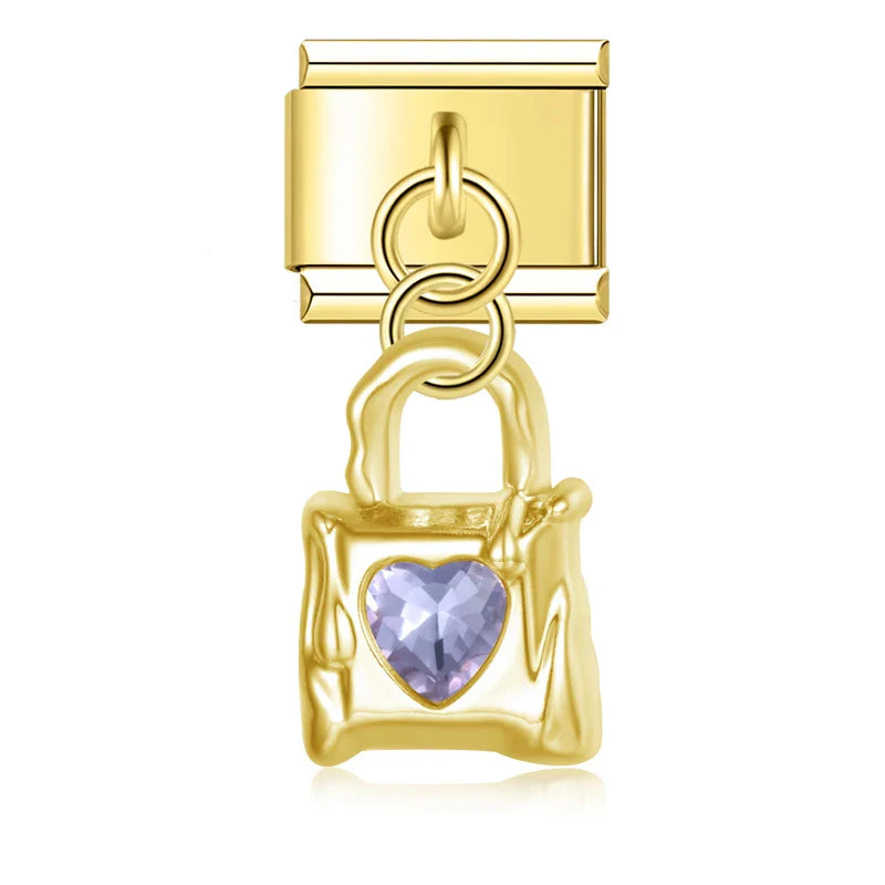 Lock with Gemstone Silver & Gold Charms – padlock charm with purple heart gemstone in gold, Italian charm bracelet charm by Charmtastic