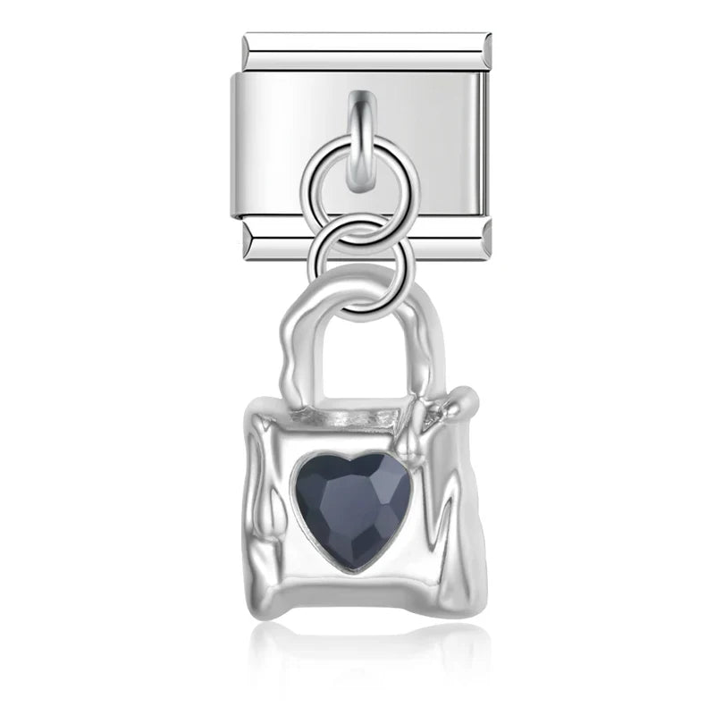 Lock with Gemstone Silver & Gold Charms – padlock charm with black heart gemstone in silver, Italian charm bracelet charm by Charmtastic
