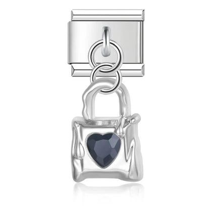 Lock with Gemstone Silver & Gold Charms – padlock charm with black heart gemstone in silver, Italian charm bracelet charm by Charmtastic