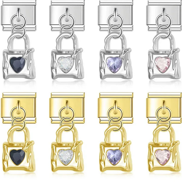 Lock with Gemstone Silver & Gold Charms – padlock charm with heart gemstone in silver and gold, assorted colors, Italian charm bracelet charms by Charmtastic