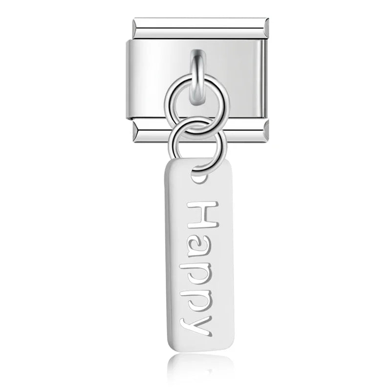 Love Dream Hope Happy Luck OMG charms – Happy word tag dangle charm in silver, Italian charm bracelet charm by Charmtastic