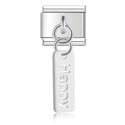 Love Dream Hope Happy Luck OMG charms – Happy word tag dangle charm in silver, Italian charm bracelet charm by Charmtastic
