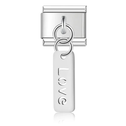 Love Dream Hope Happy Luck OMG charms – second view of Love word tag dangle charm with heart in silver, Italian charm bracelet charm by Charmtastic