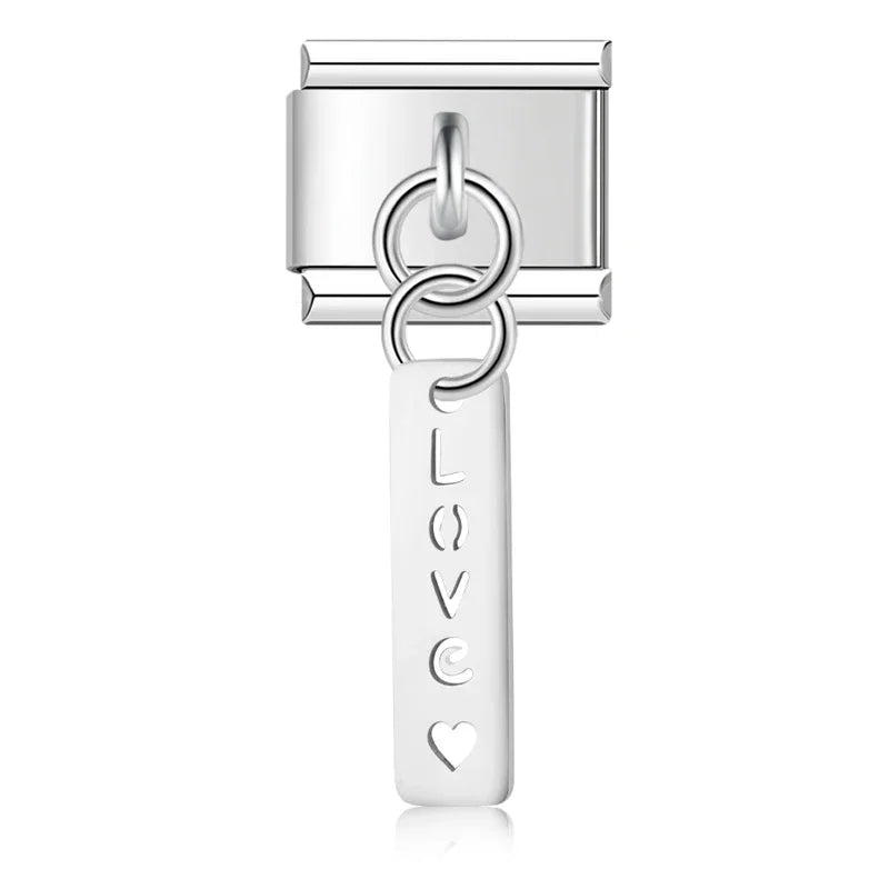 Love Dream Hope Happy Luck OMG charms – Love word tag dangle charm with heart in silver, Italian charm bracelet charm by Charmtastic