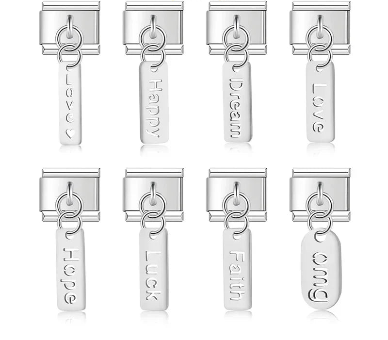 Love Dream Hope Happy Luck OMG charms – Love, Happy, Dream, Hope, Luck, Faith, and OMG word tag dangle charms in silver, Italian charm bracelet charms by Charmtastic