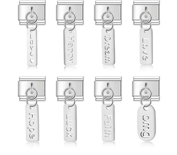 Love Dream Hope Happy Luck OMG charms – Love, Happy, Dream, Hope, Luck, Faith, and OMG word tag dangle charms in silver, Italian charm bracelet charms by Charmtastic
