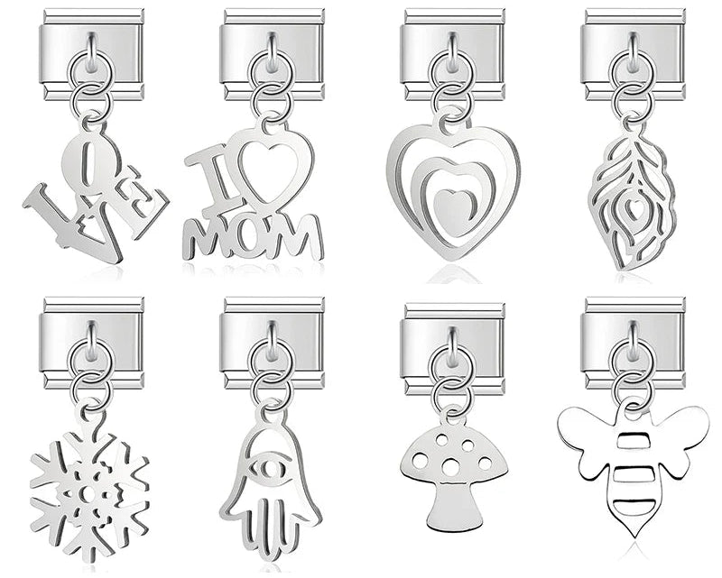 Love, mom, heart and symbol silver cutout Italian charms, by Charmtastic