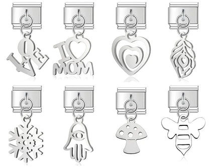 Love, mom, heart and symbol silver cutout Italian charms, by Charmtastic