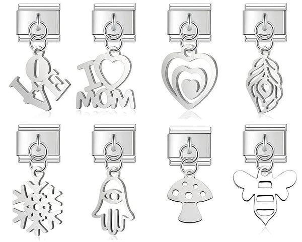 Love, mom, heart and symbol silver cutout Italian charms, by Charmtastic