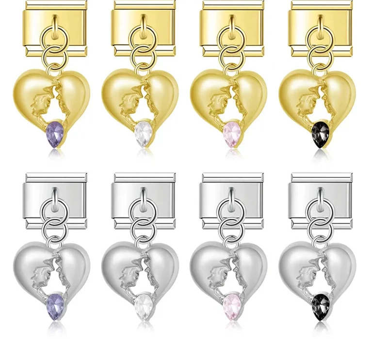 A collection of 8 dangle Italian charms on silver and gold 9mm modular links featuring a cut-out silhouette of two faces inside a heart, accented with a teardrop crystal at the bottom - Charmtastic