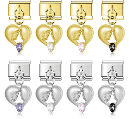 A collection of 8 dangle Italian charms on silver and gold 9mm modular links featuring a cut-out silhouette of two faces inside a heart, accented with a teardrop crystal at the bottom - Charmtastic