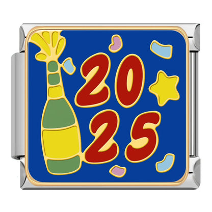 Lucky New Year & Celebration Italian Charms – 2025 text with popping champagne bottle on blue background enamel charm, Italian charm bracelet charm by Charmtastic