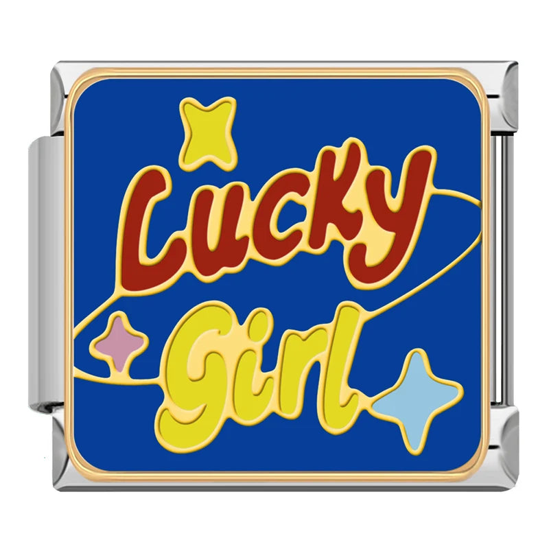 Lucky New Year & Celebration Italian Charms – Lucky Girl script text with stars on blue background enamel charm, Italian charm bracelet charm by Charmtastic