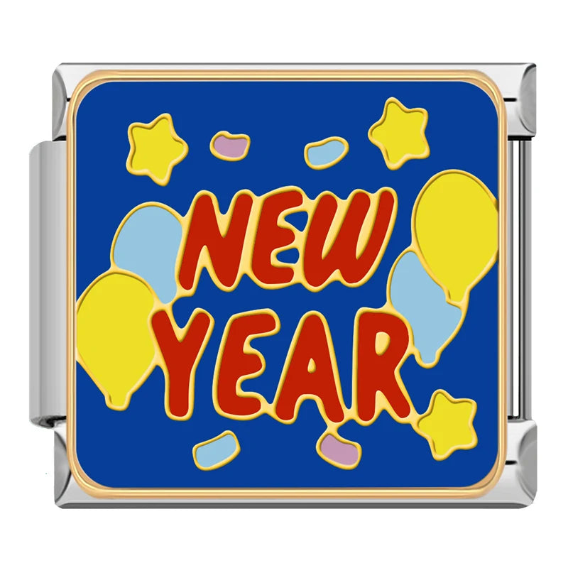 Lucky New Year & Celebration Italian Charms – NEW YEAR text with balloons and confetti on blue background enamel charm, Italian charm bracelet charm by Charmtastic