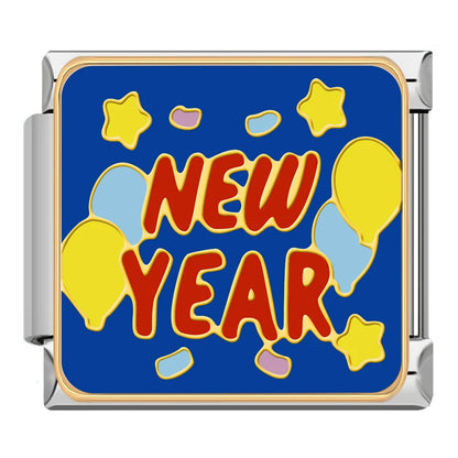 Lucky New Year & Celebration Italian Charms – NEW YEAR text with balloons and confetti on blue background enamel charm, Italian charm bracelet charm by Charmtastic