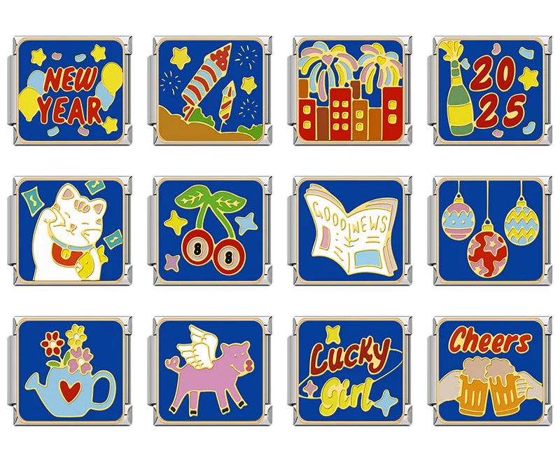 Lucky New Year & Celebration Italian Charms – overview of 12 blue enamel charms: NEW YEAR balloons, fireworks over hills, city fireworks skyline, 2025 champagne bottle, lucky cat, cherries with lucky 88, Good News newspaper, ornaments, flower watering can, flying pig, Lucky Girl text, and toasting beer mugs, Italian charm bracelet charms by Charmtastic