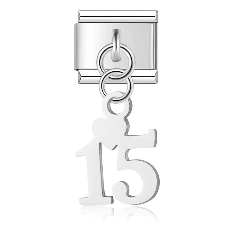 Lucky Numbers silver charms – silver number 15 charm with heart accent, Italian charm bracelet charm by Charmtastic