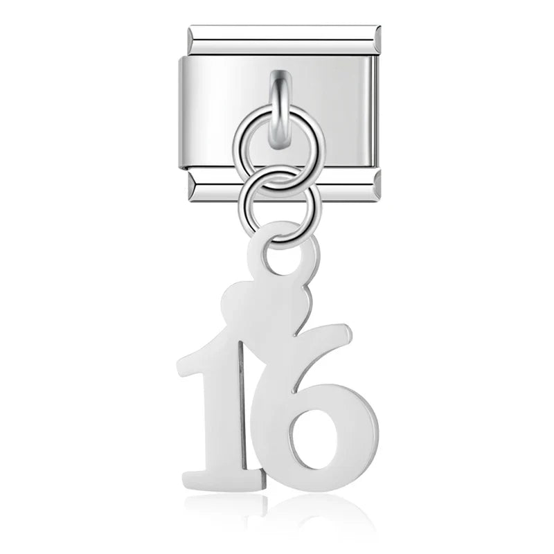 Lucky Numbers silver charms – silver number 16 charm with heart accent, Italian charm bracelet charm by Charmtastic