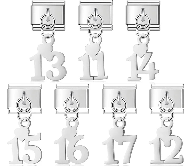 Lucky Numbers silver charms – silver number charm set with heart accent, styles 11 through 17, Italian charm bracelet charms by Charmtastic