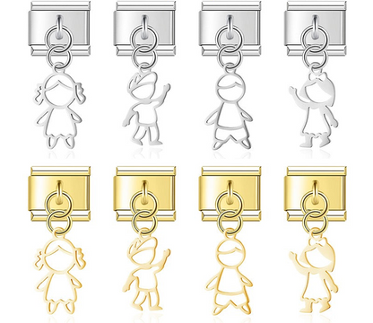 A 9mm Italian charm featuring a modern, minimalist cutout silhouette of a little boy or girl. Available in premium silver and gold finishes.