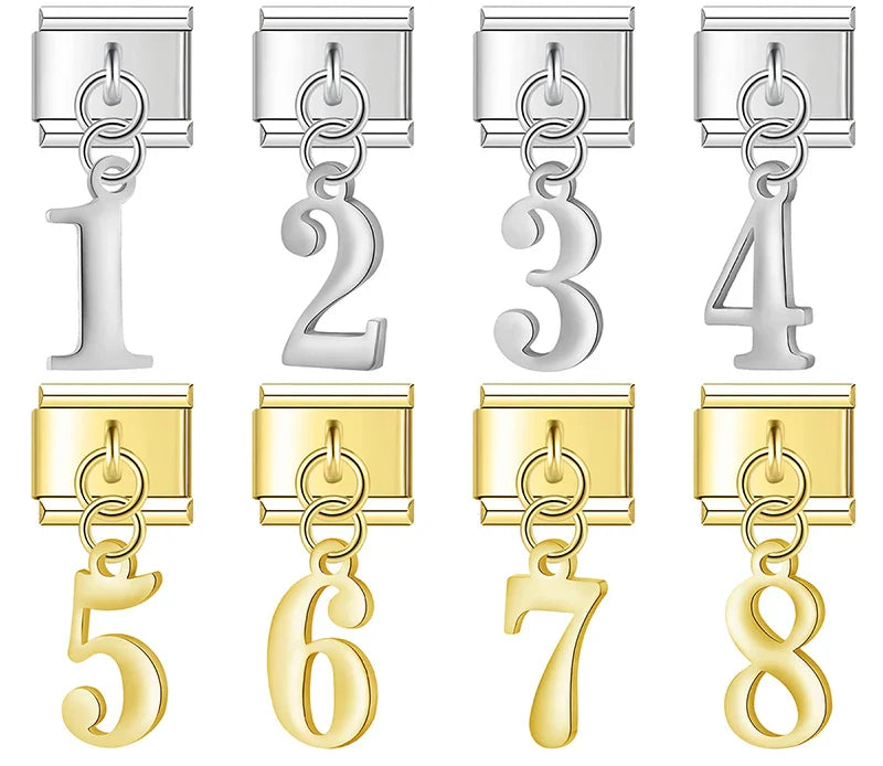 A 9mm Italian charm featuring a sleek, high-shine metallic number dangle. Available in silver and gold finishes for numbers 1 through 9