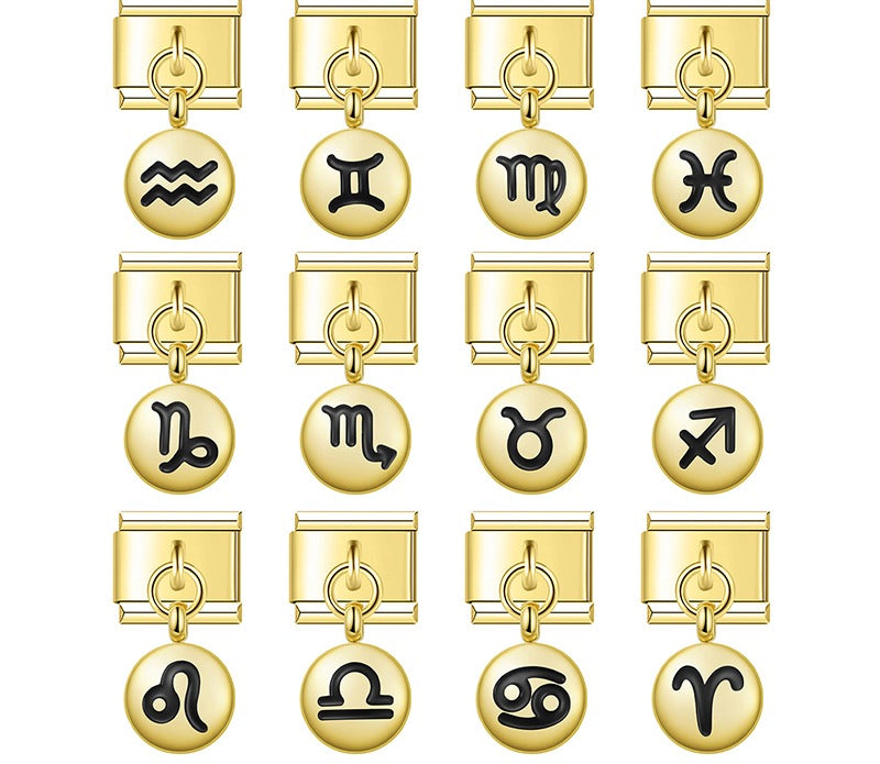 A 9mm Italian charm featuring a sleek gold coin dangle with a black enamel zodiac sign. Available in all 12 astrological signs.