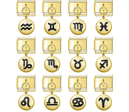 A 9mm Italian charm featuring a sleek gold coin dangle with a black enamel zodiac sign. Available in all 12 astrological signs.