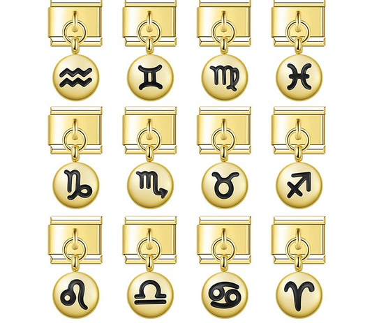 A 9mm Italian charm featuring a sleek gold coin dangle with a black enamel zodiac sign. Available in all 12 astrological signs.