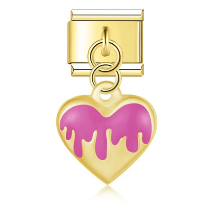 Magenta drip heart dangle gold Italian charm, by Charmtastic