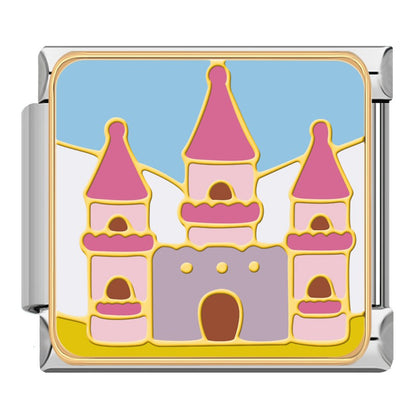 Magical Fairytale & Princess Charms – pink princess castle with turrets on blue sky enamel charm, Italian charm bracelet charm by Charmtastic